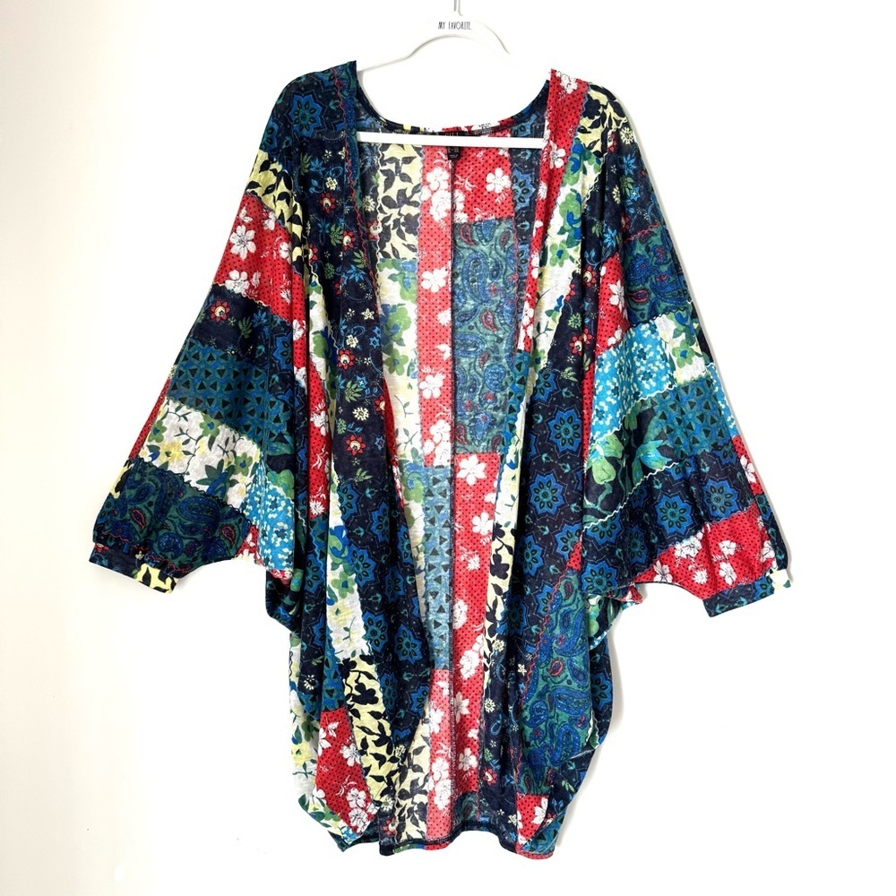 G.I.L.I. Cocoon Knit Cardigan Blue Patchwork Floral Boho